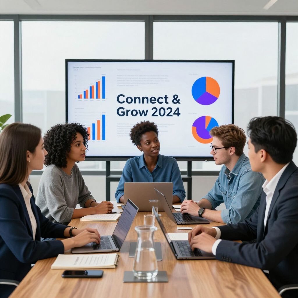 Team meeting in a glass conference room with charts on a screen labeled “Connect & Grow 2024”