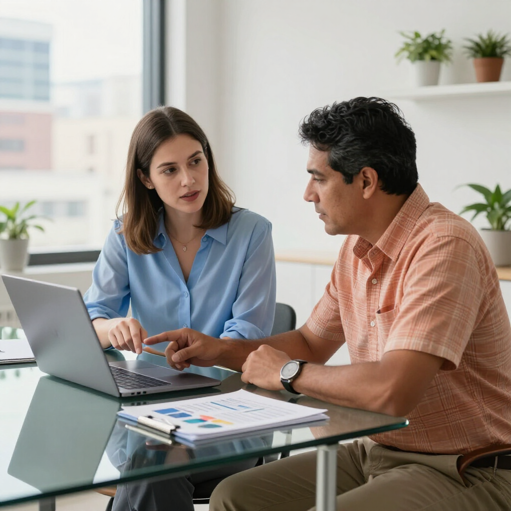 Two coworkers discussing documents at a glass table with a laptop in a bright office