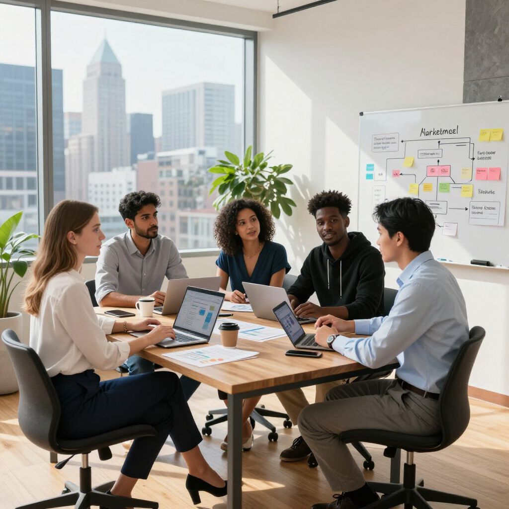 Team meeting around laptops in a bright office with a whiteboard and city view.