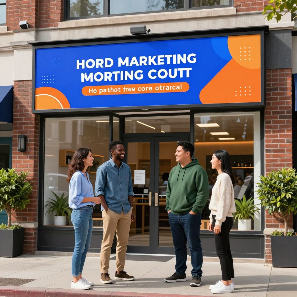 People standing outside Hord Marketing Morting Coutt storefront with a blue sign and orange accents