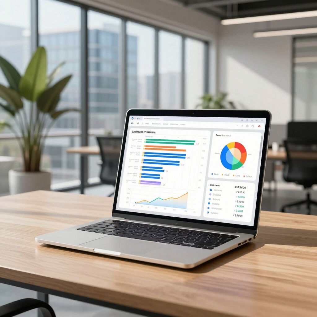 A laptop sits on a wooden desk in an office, displaying a business dashboard with charts and data analytics.