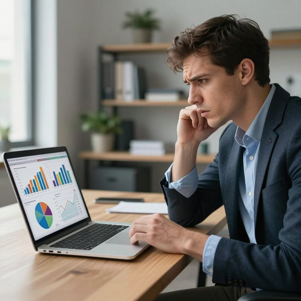 Man reviewing colorful charts on a laptop at a desk in a modern office