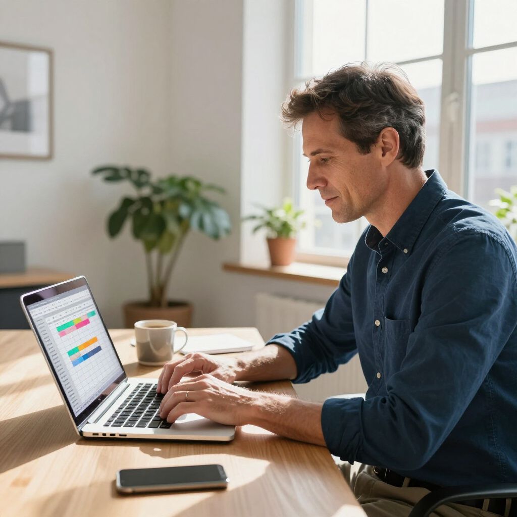A professional works on a laptop at a sunny desk, with a coffee mug and phone nearby in a bright, modern office space.