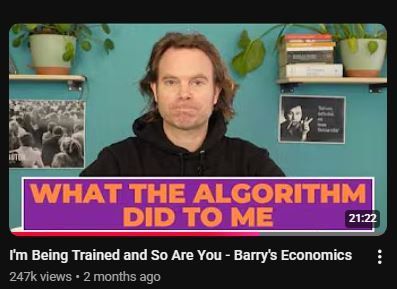 Man centered in a YouTube thumbnail with bold text “WHAT THE ALGORITHM DID TO ME” on a purple banner.