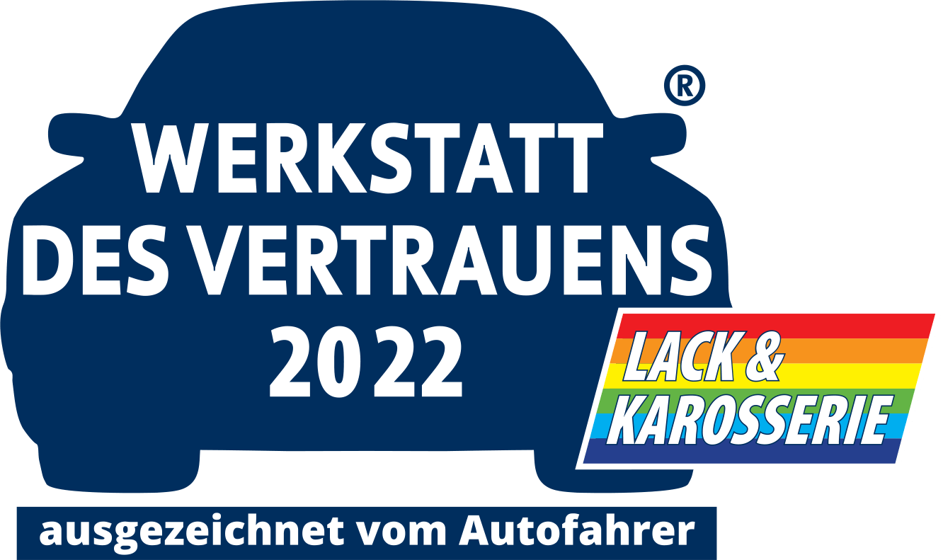 German award logo: “Werkstatt des Vertrauens 2022” with “Lack & Karosserie” in blue, red, yellow and white.