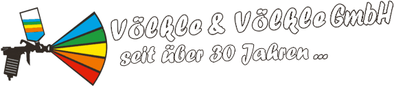 Logo for “Völks & Völcko GmbH” with a colorful fan and black-and-white paintbrush graphic, tagline “seit über 30 Jahren …”