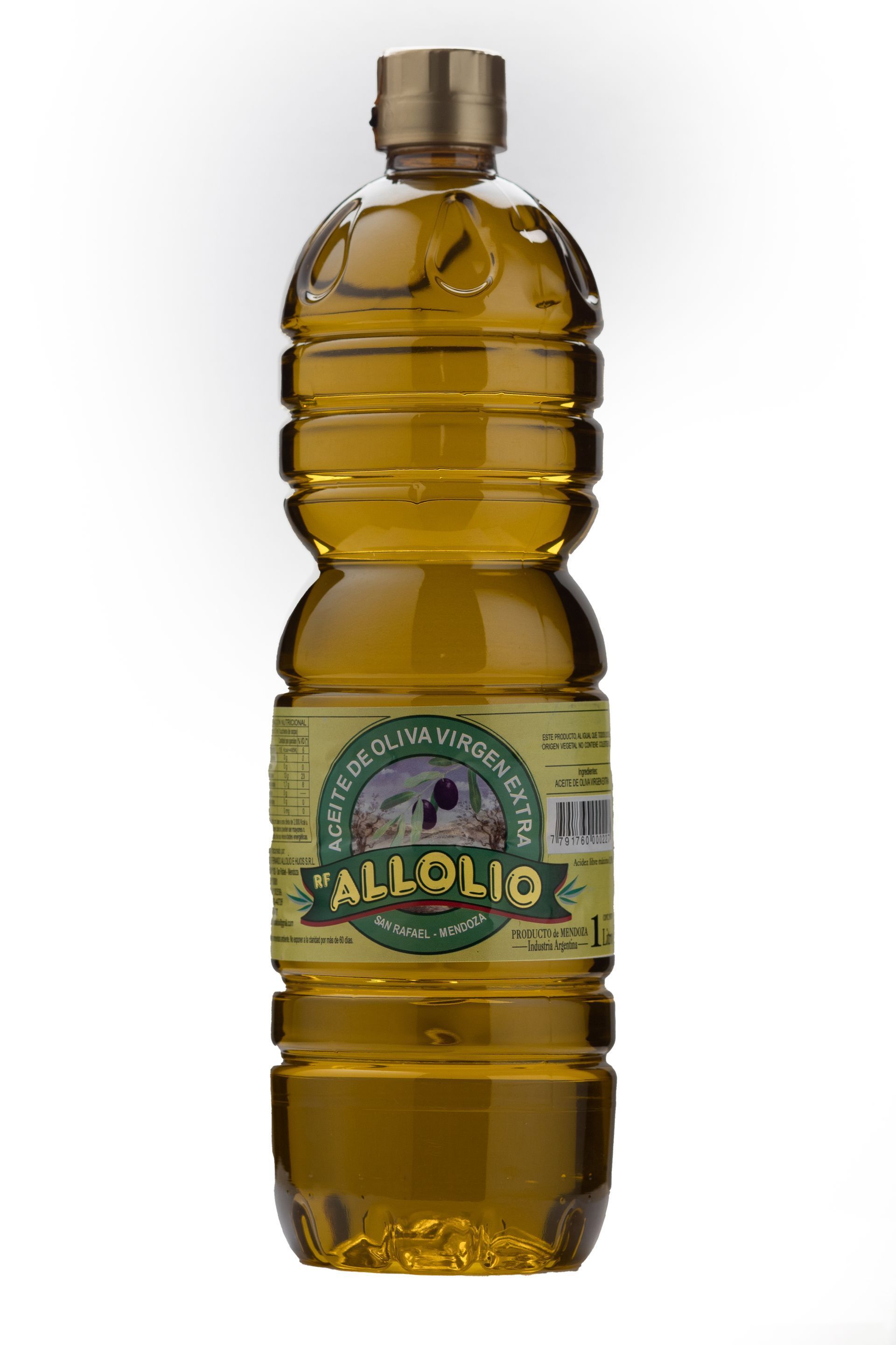 Botella de aceite de oliva, etiqueta verde y dorada, sobre fondo blanco.