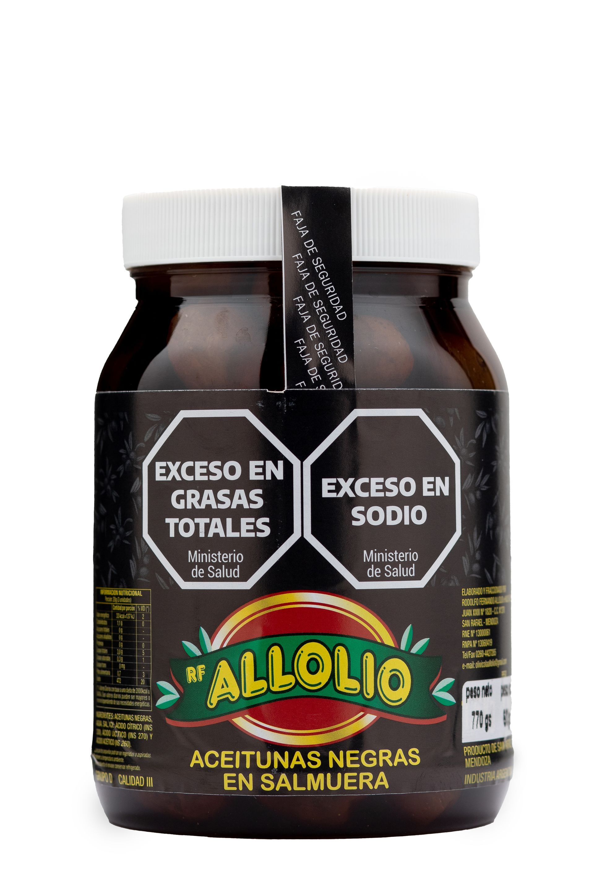 Tarro de aceitunas negras “ALLOLIO” en salmuera con etiquetas de advertencia por alto contenido en grasas y sodio.