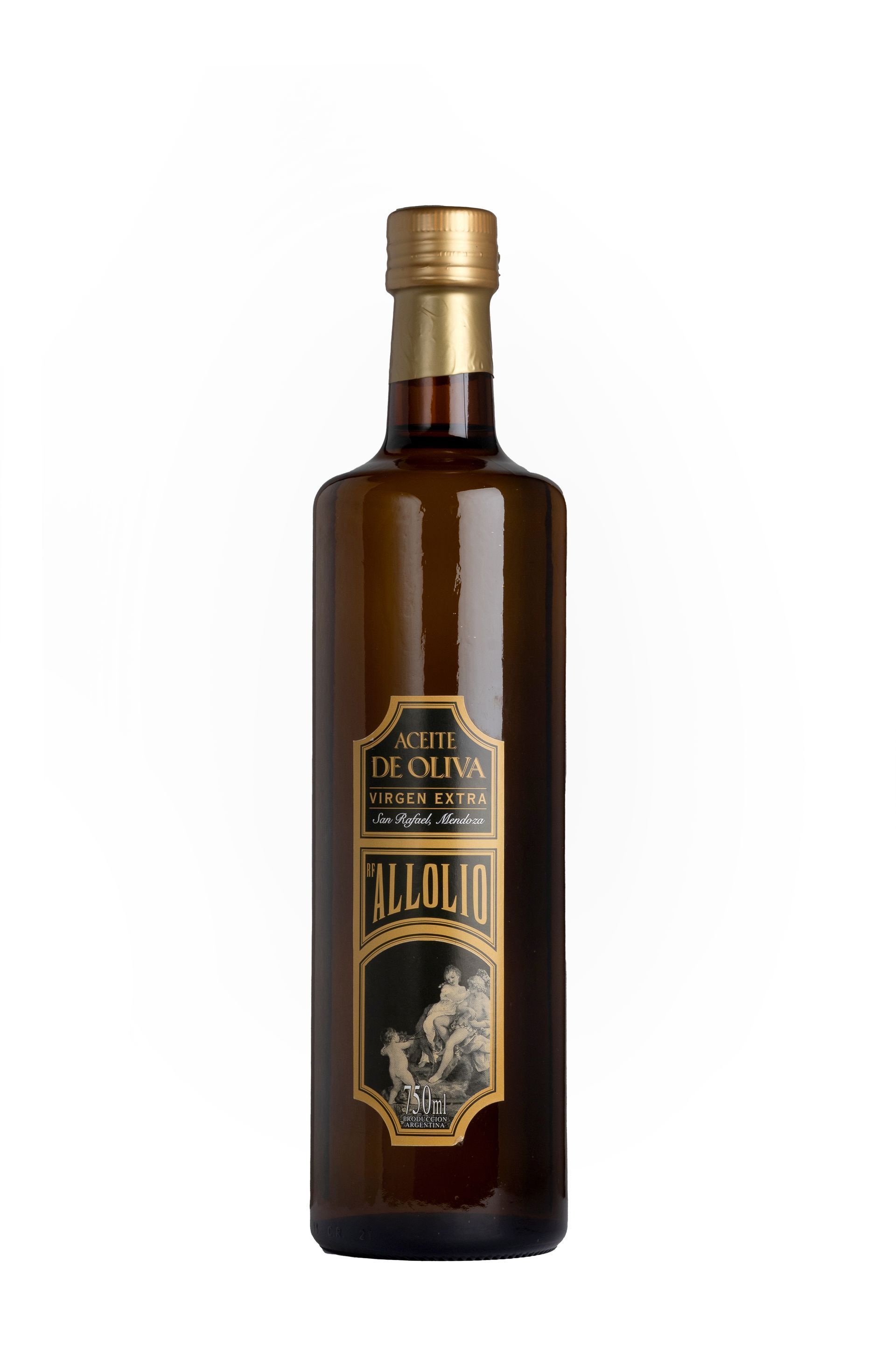 Botella de aceite de oliva de cristal oscuro con tapón dorado y etiqueta en un marco.