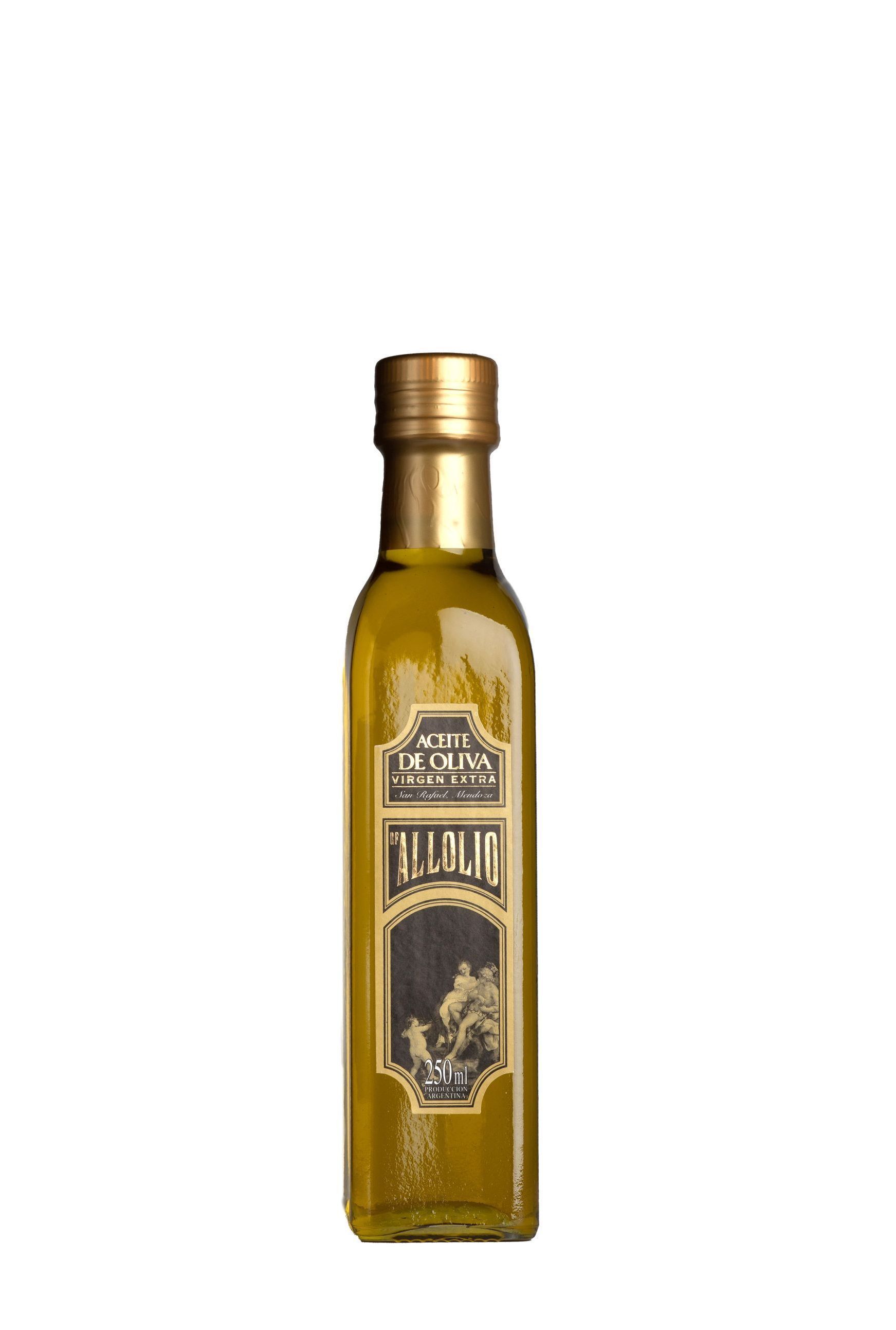 Botella de aceite de oliva con tapón y etiqueta dorada, dorada y negra.