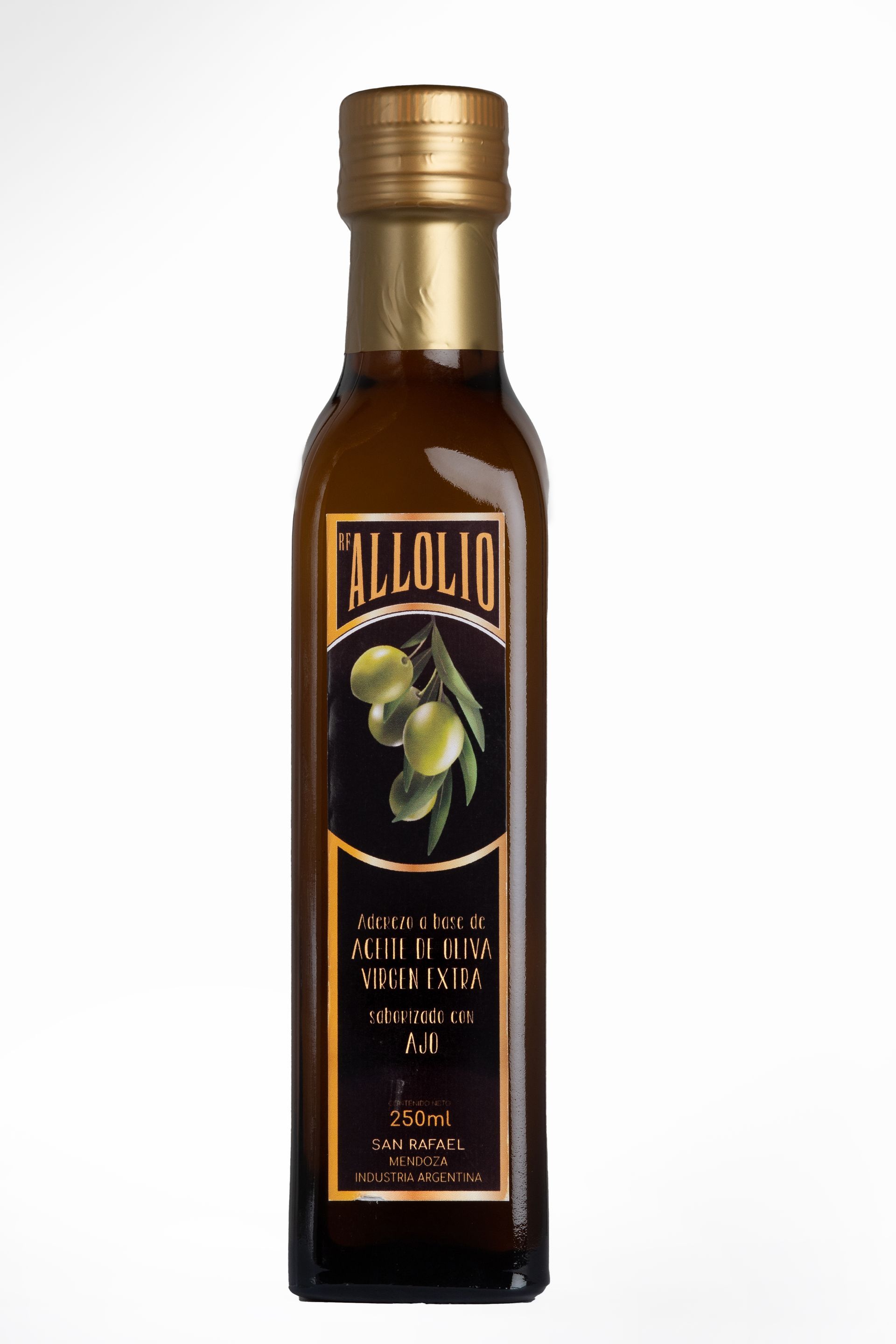 Botella de aceite de oliva Allolio con aceitunas y tapón dorado.