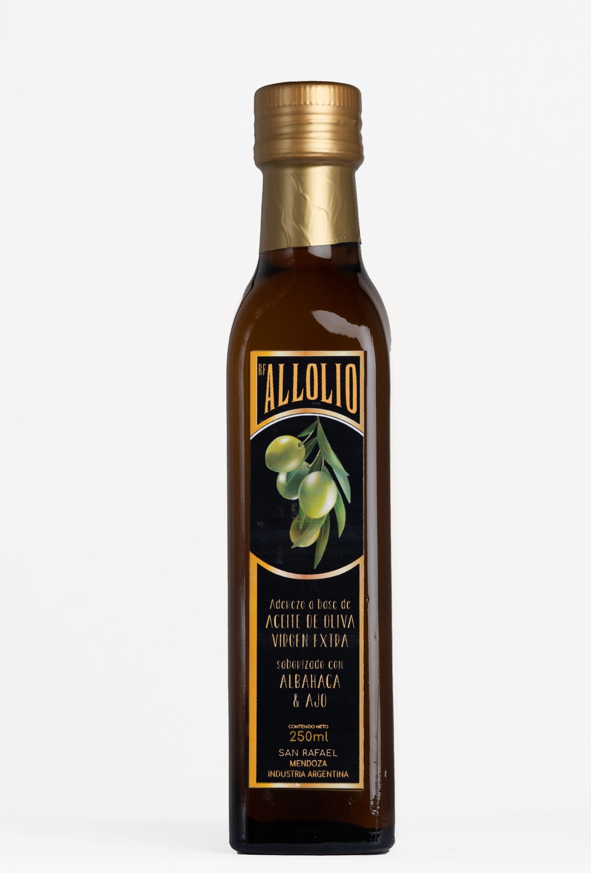 Botella de aceite de oliva virgen extra Allolio, con ilustración de aceitunas en etiqueta oscura.