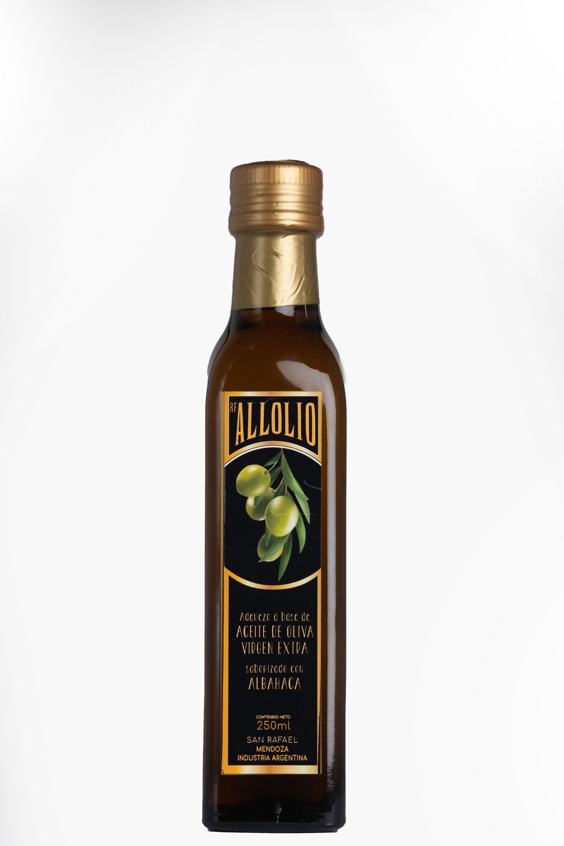 Botella de aceite de oliva con tapón dorado y etiqueta con aceitunas.