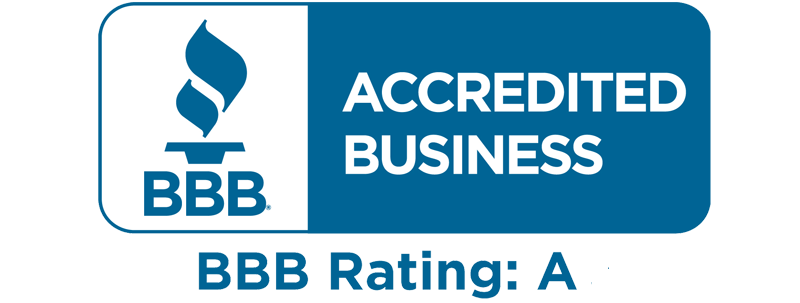 BBB Accredited Business badge with torch logo and text “BBB Rating: A”