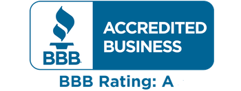 BBB Accredited Business badge with torch logo and text “BBB Rating: A”