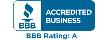 BBB Accredited Business badge with torch logo and text “BBB Rating: A”