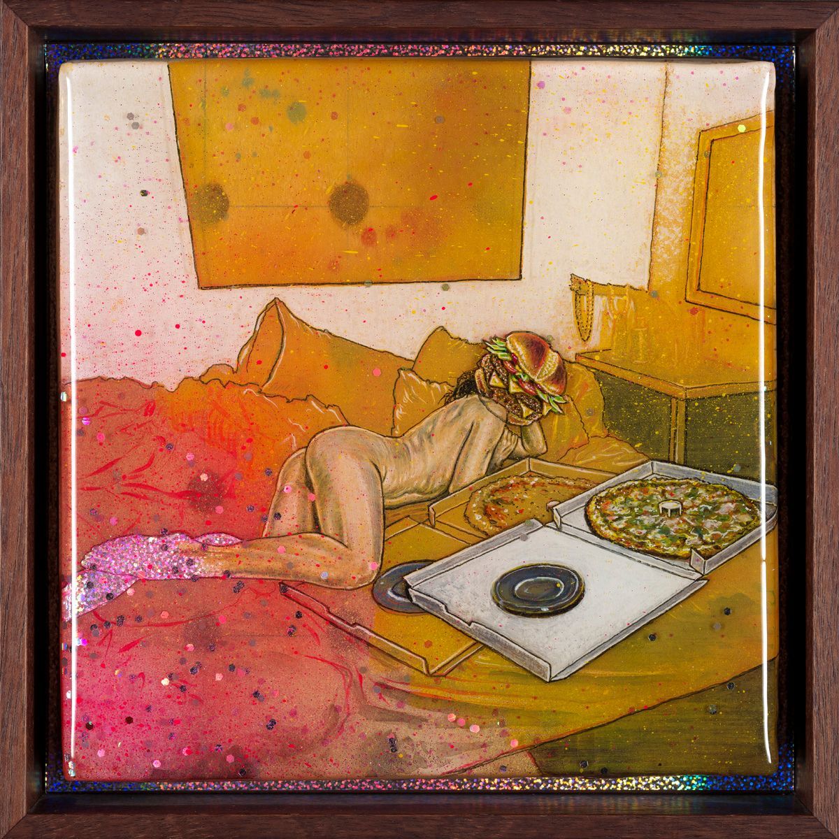 Art by Rich M Stevens. Person reclining on a bed beside a tray with dishes and a white plate in a warm-toned room