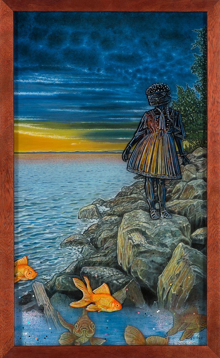 Art by Rich M Stevens. Person on rocks by a lake at sunset, with clouds, water, and orange leaves in the foreground. 