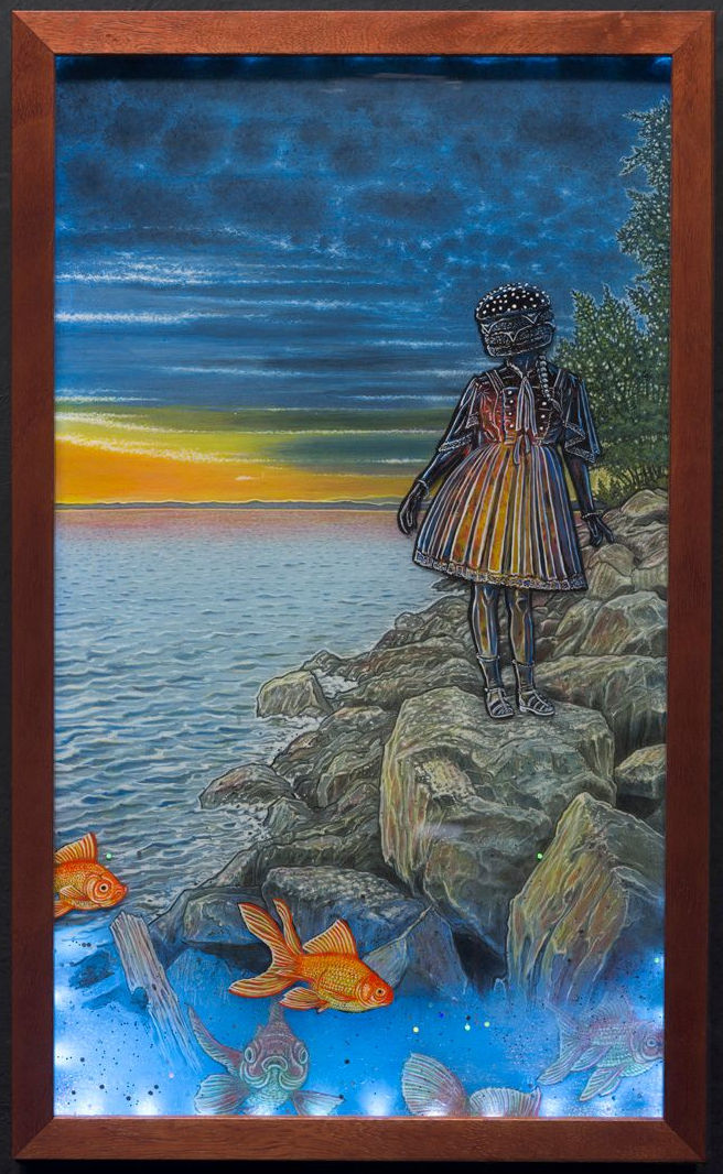 Art by Rich M Stevens. Framed painting of a girl on rocks by the sea at sunset, with starfish in the foreground