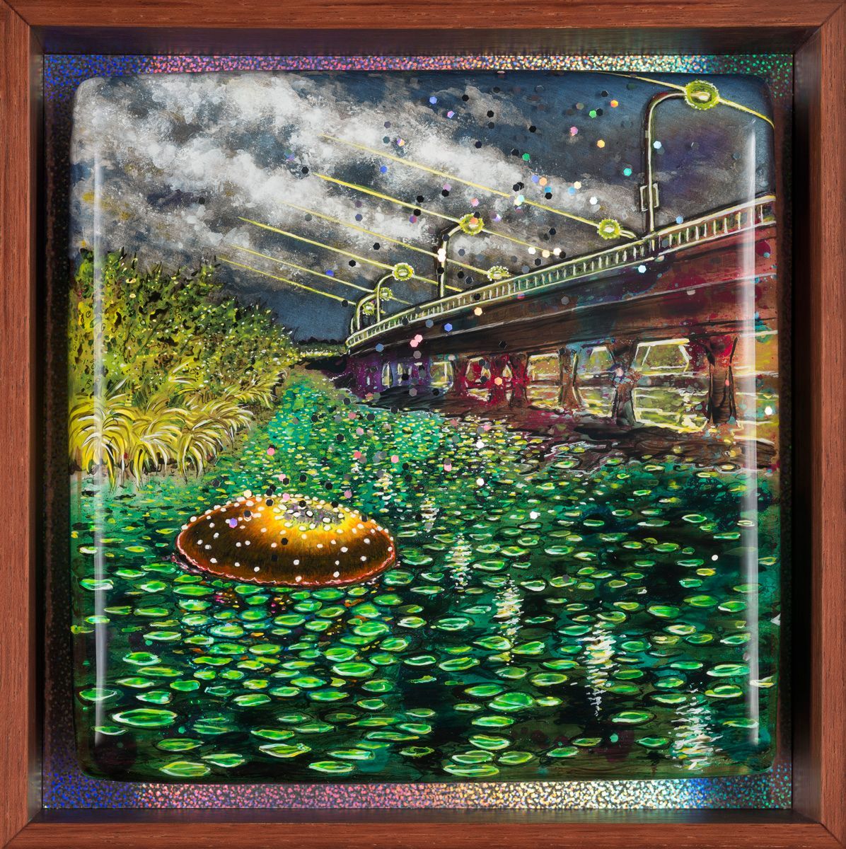 Art by Rich M Stevens. Bridge over green lily pads on a river, with glowing clouds and a small lighted boat at dusk