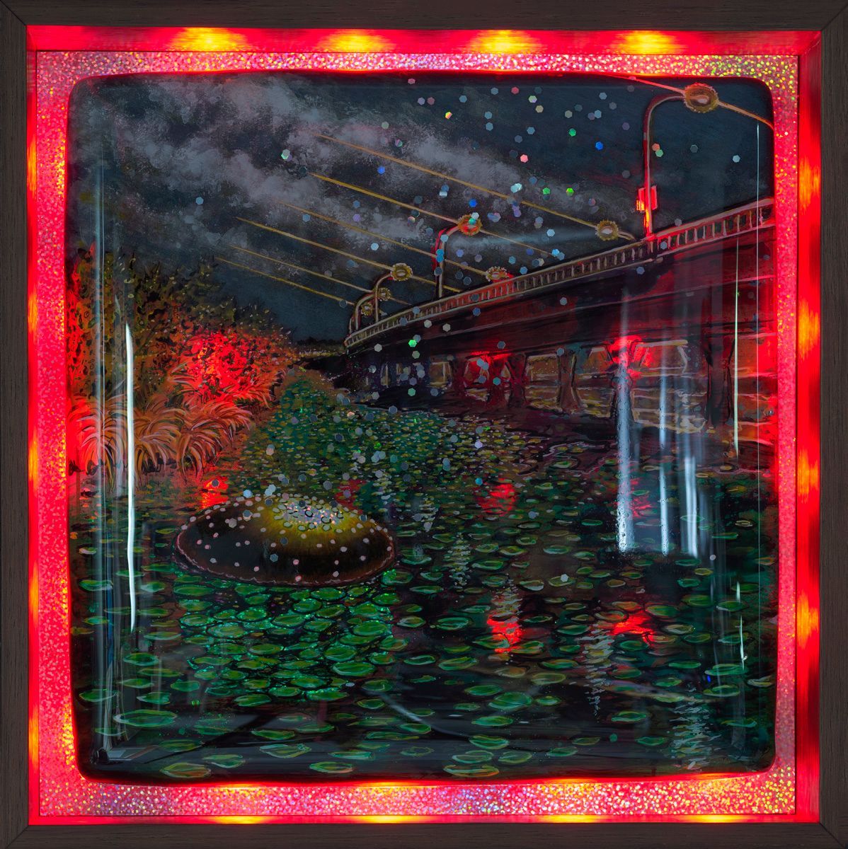 Art by Rich M Stevens. Red-lit framed night scene of a bridge over water with reflections and a smoky sky