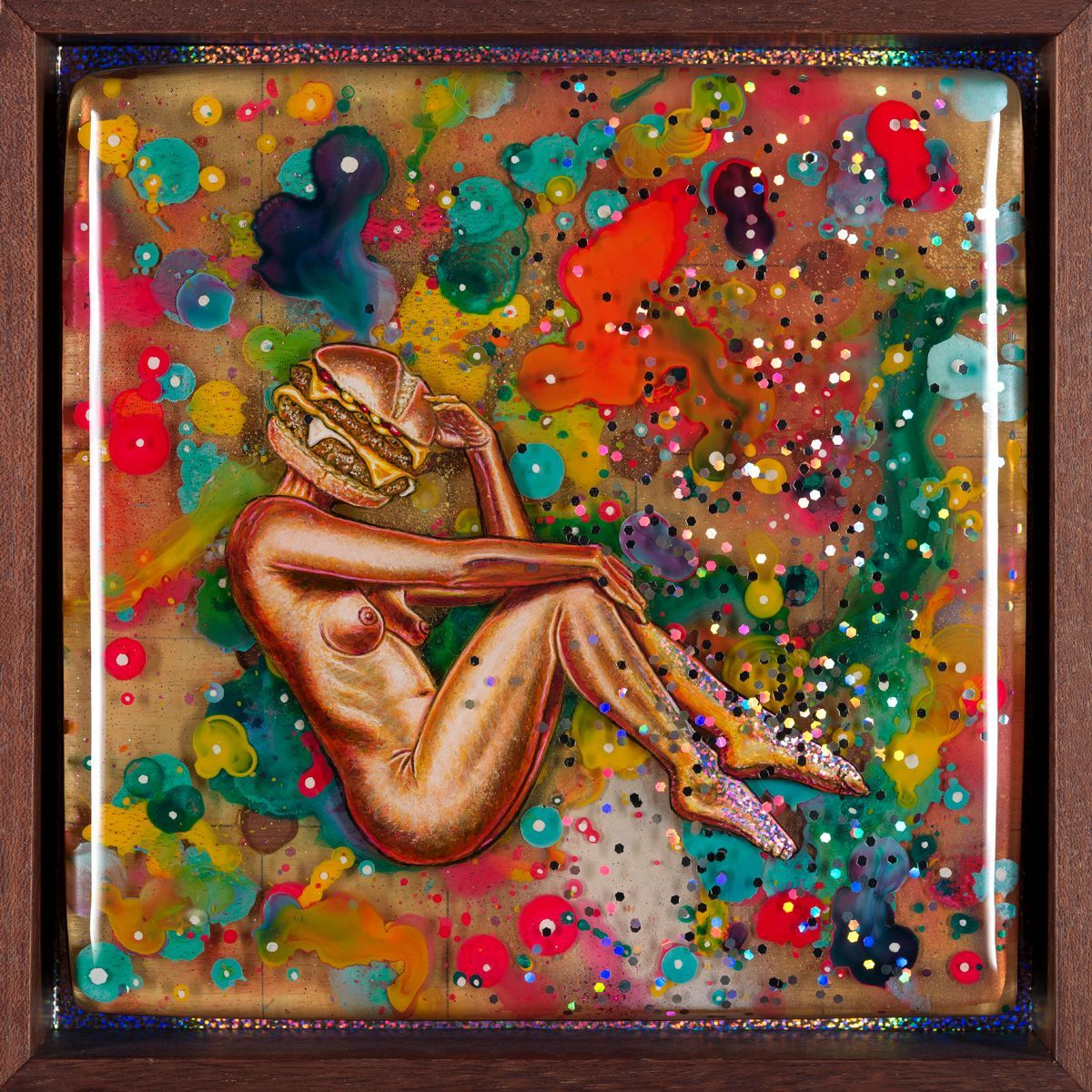 Art by Rich M Stevens. Abstract colorful painting of a curled nude figure on a vibrant, splattered background