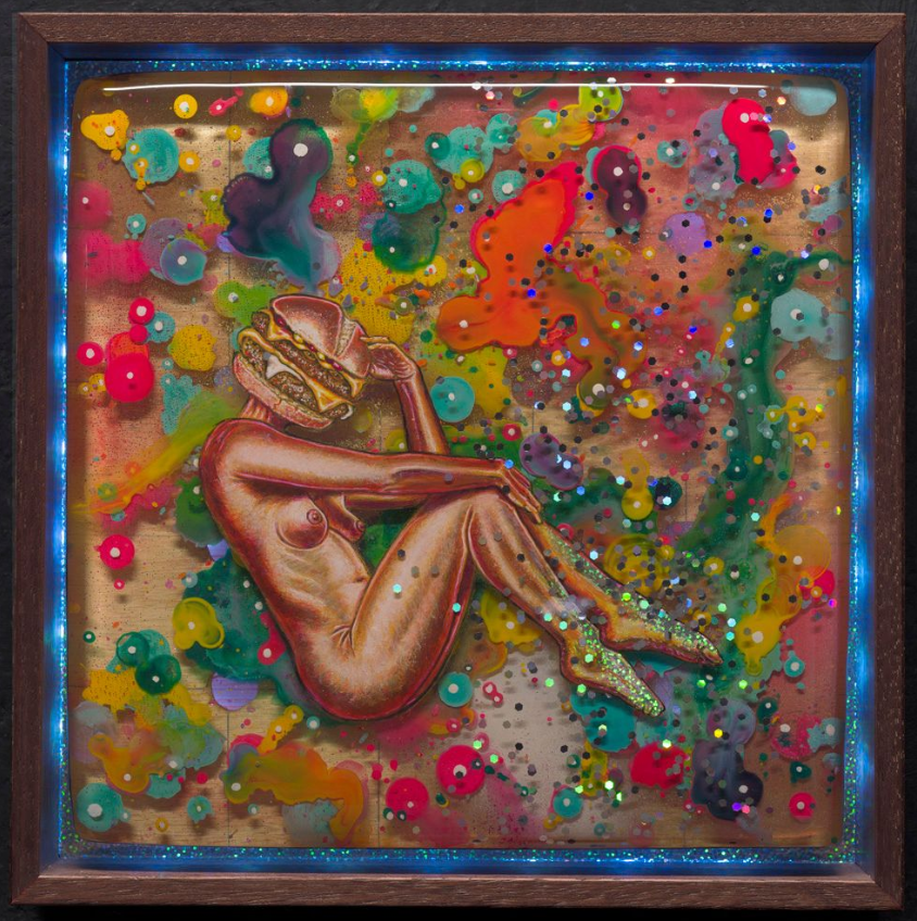 Art by Rich M Stevens. Abstract painting of a curled nude figure amid bright splashes of pink, green, orange, and gold.