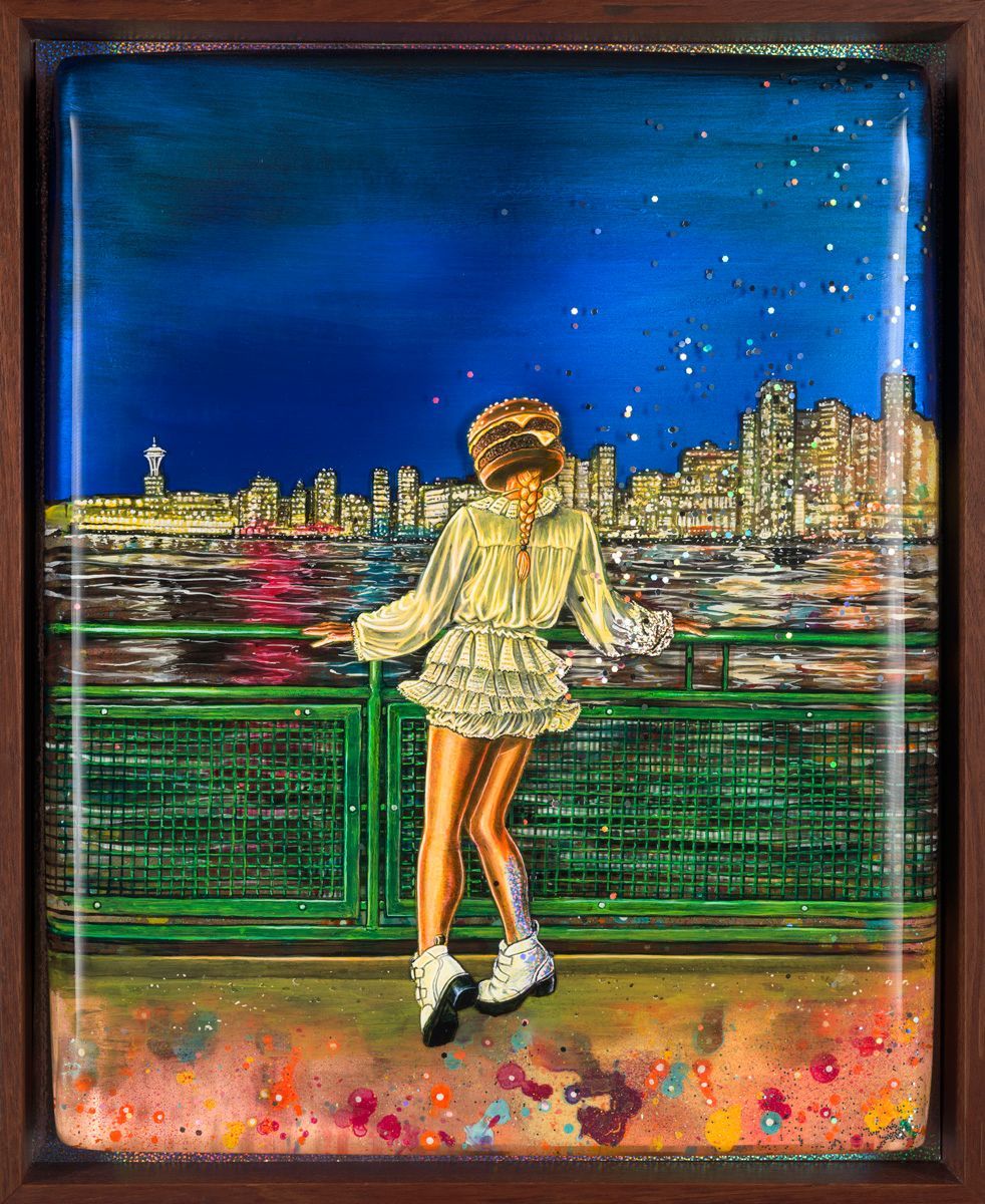 Art by Rich M Stevens. Girl in white outfit standing by a railing, overlooking a city skyline at night.
