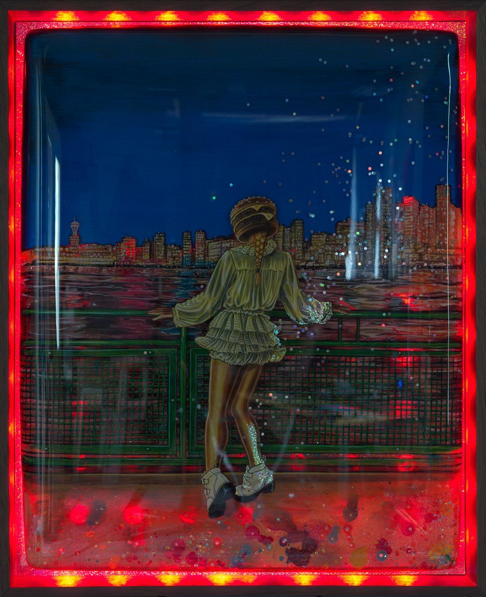 Art by Rich M Stevens. Person in a light coat stands by a city railing at night, framed by red lights.