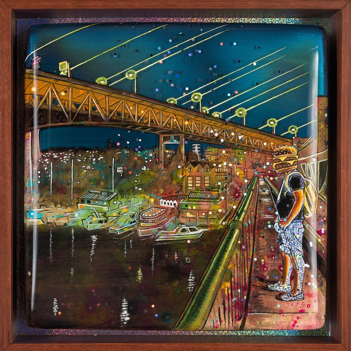 Art by Rich M Stevens. Night city river scene with a lit bridge, boats, and a person standing by the water at dusk
