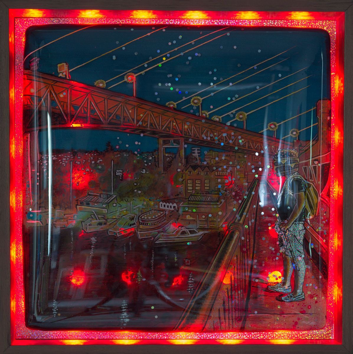 Art by Rich M Stevens. Neon-lit city bridge at night with reflections on wet pavement and a person standing at right