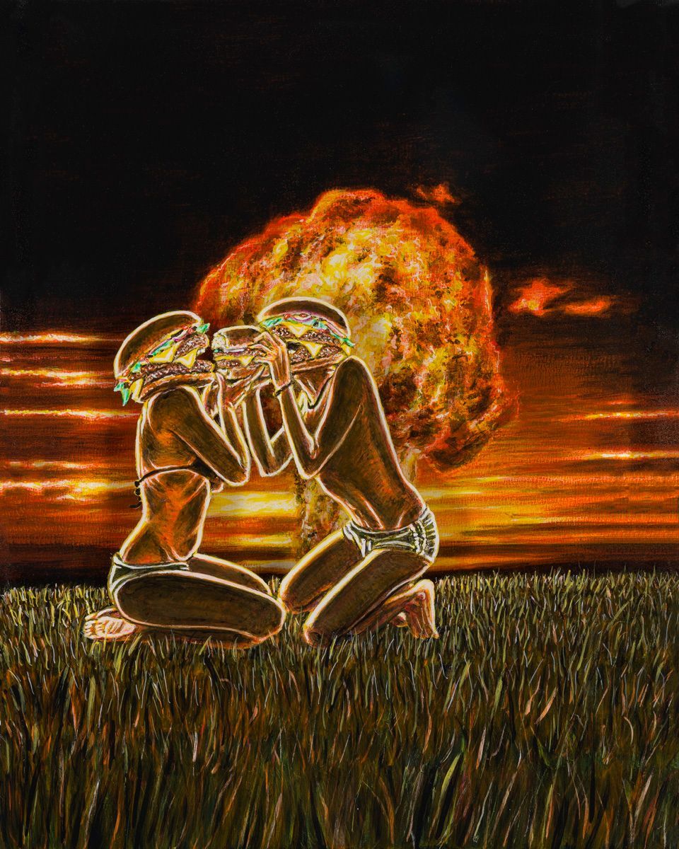Art by Rich M Stevens. Glowing abstract figure kneeling in a dark field, holding head beneath an orange sky and explosion.
