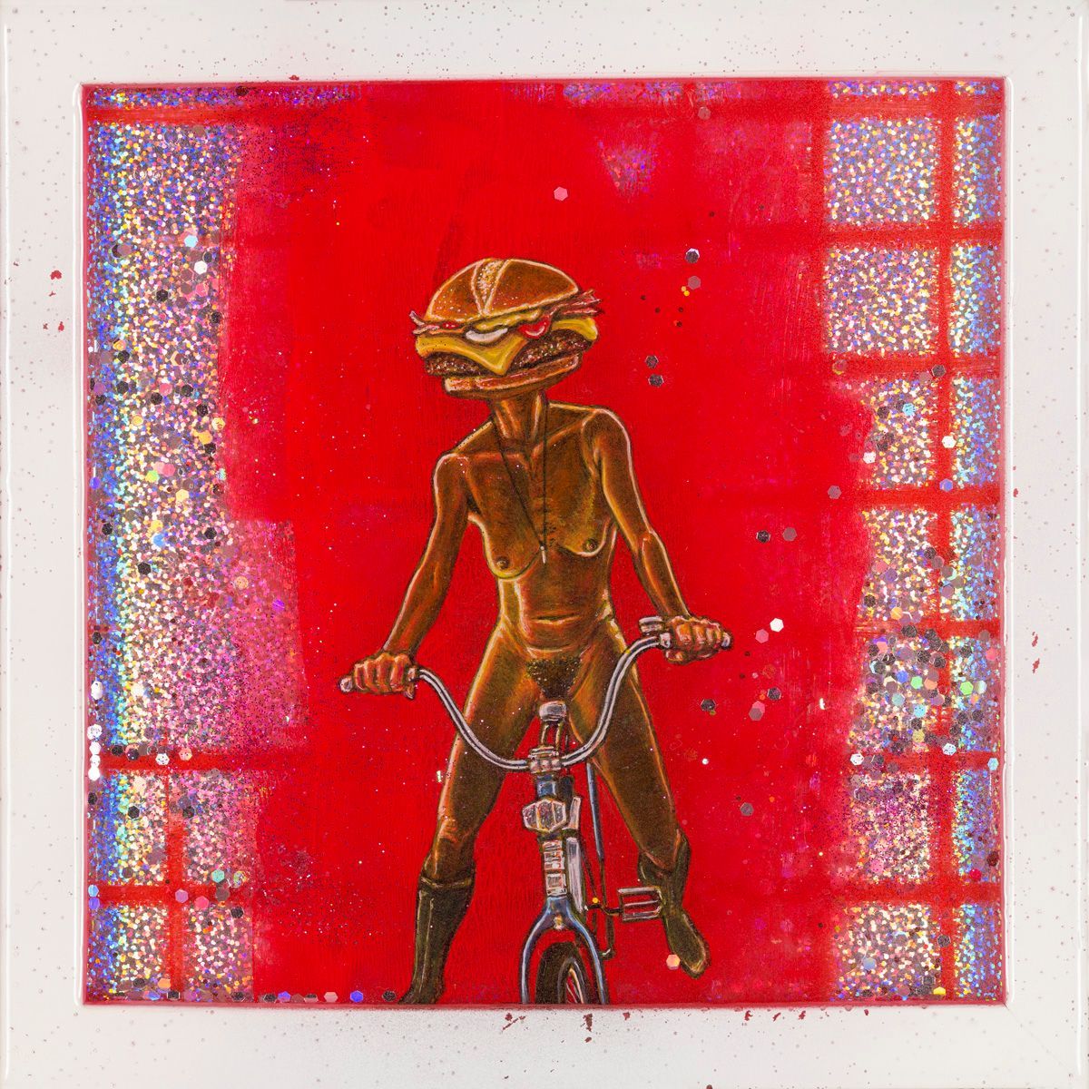Art by Rich M Stevens. Abstract painting of an alien-like figure riding a bicycle against a bright red background.