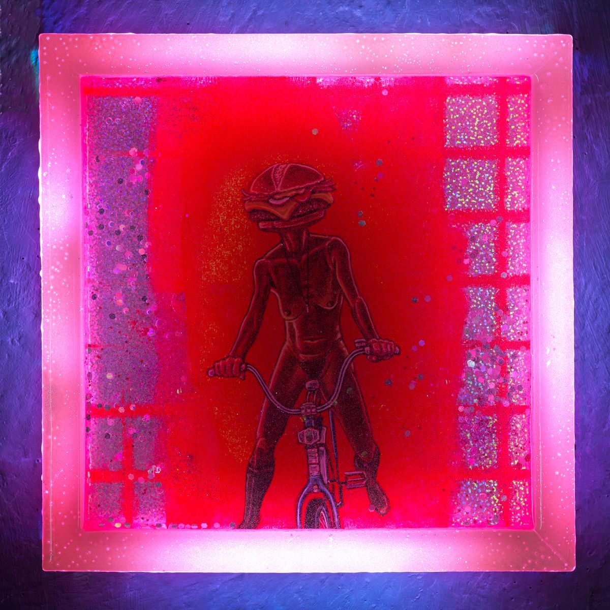 Art by Rich M Stevens. Neon pink and red abstract artwork of a silhouetted figure centered in a glowing square frame.