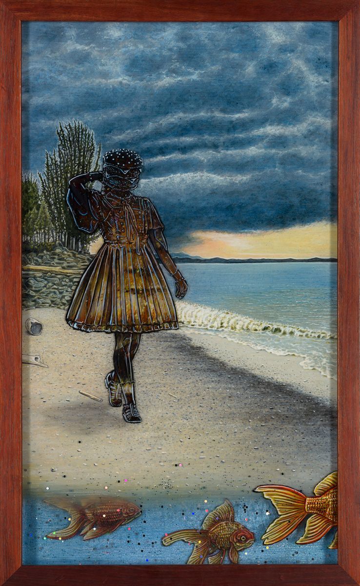 Art by Rich M Stevens. Woman walking along a beach at sunset, with waves, cloudy sky, and starfish along the bottom border.