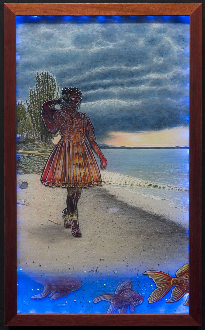 Art by Rich M Stevens. Person walking along a snowy beach under a cloudy sky, framed by blue and brown borders.