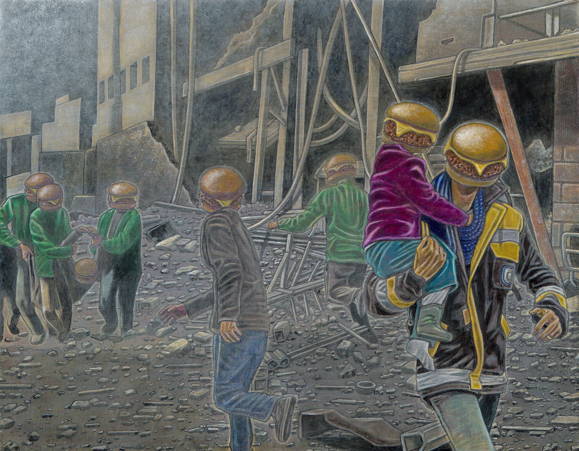 Art by Rich M Stevens. Workers in hard hats and reflective gear walk through rubble at a damaged construction site.