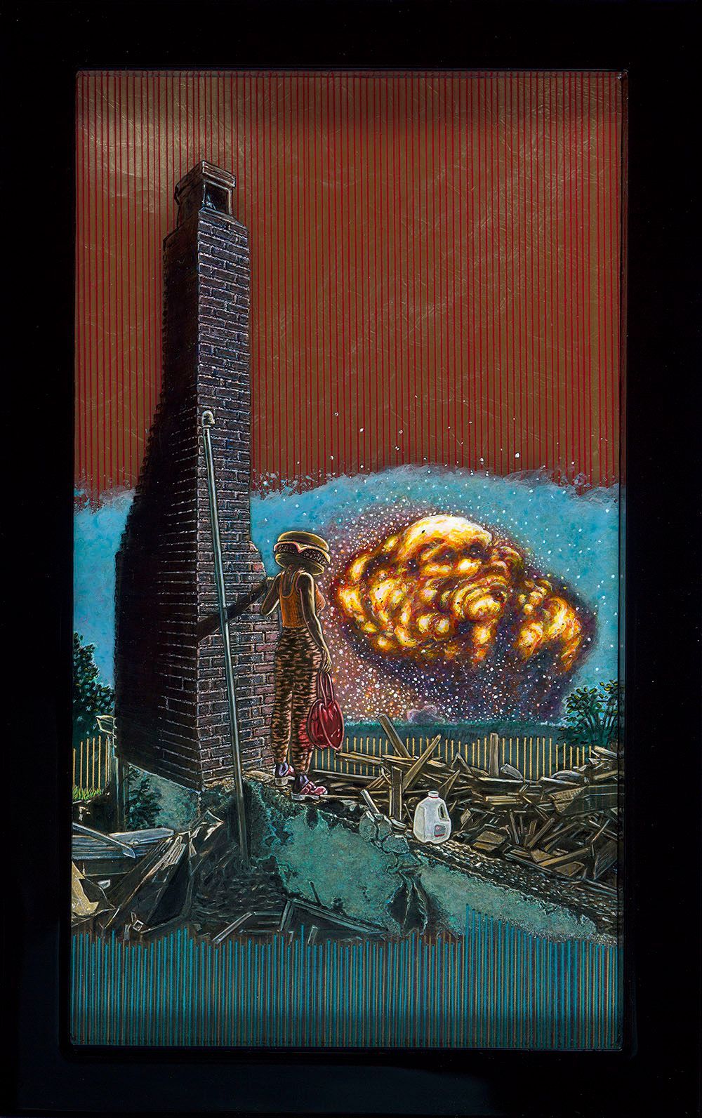 Art by Rich M Stevens. Abstract cityscape with a tall black tower, glowing orange cloud, and red striped sky over blue water