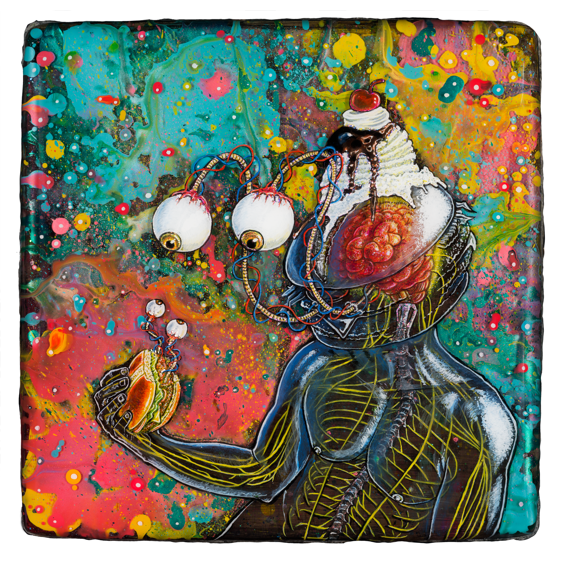 Art by Rich M Stevens. Colorful abstract portrait of a wide-eyed creature against a vibrant, speckled background