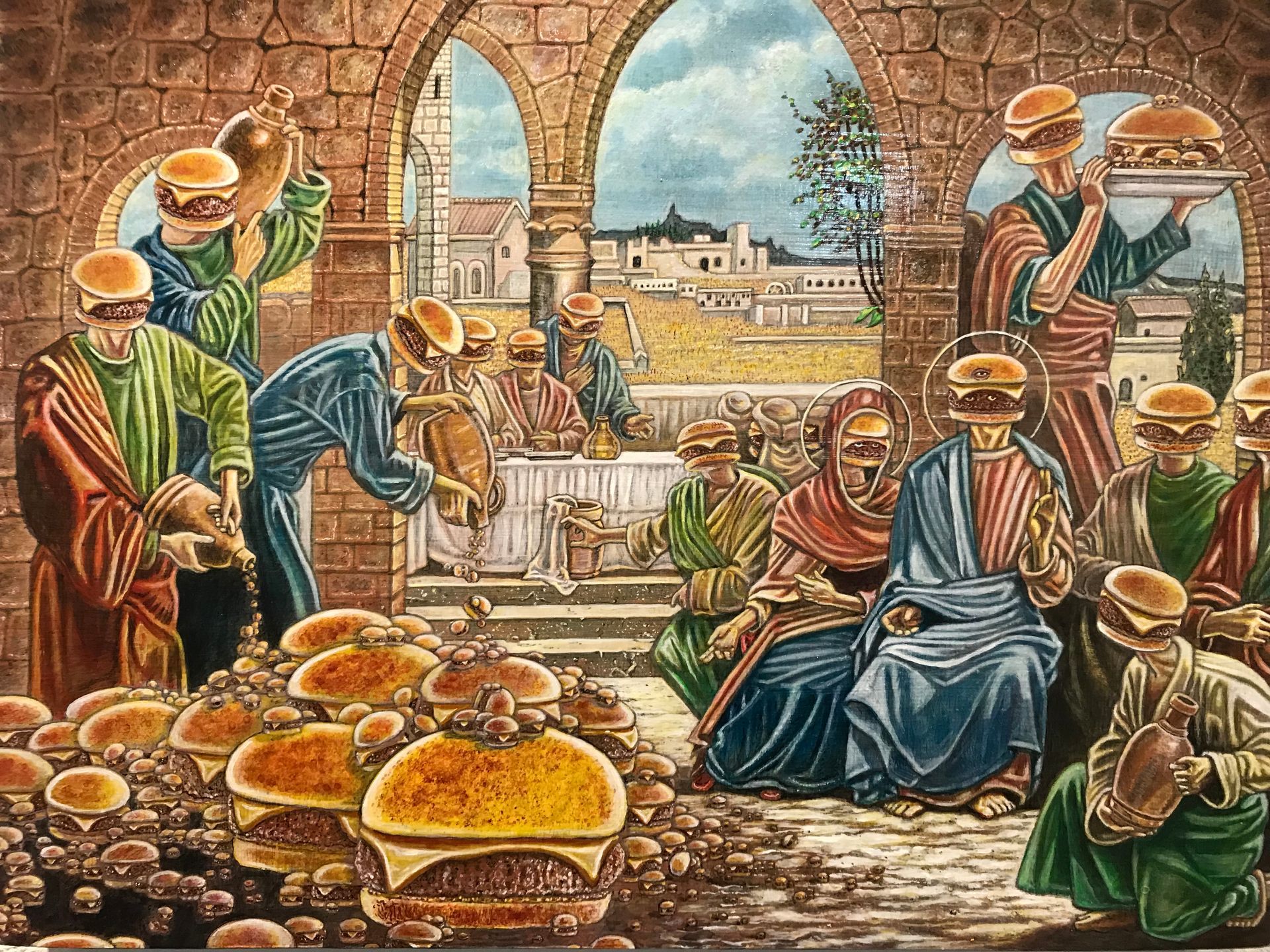 Art by Rich M Stevens. Market scene with people in colorful hats gathered around baskets of bread near a stone archway