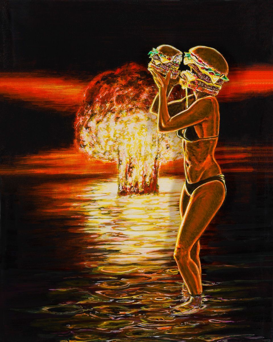 Art by Rich M Stevens. Two silhouetted women in bikinis dance on a beach at sunset with a orange sun and water reflections.
