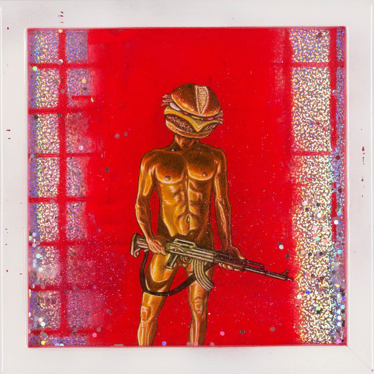 Art by Rich M Stevens. Gold humanoid figure holding a rifle against a bright red background with glittery side panels
