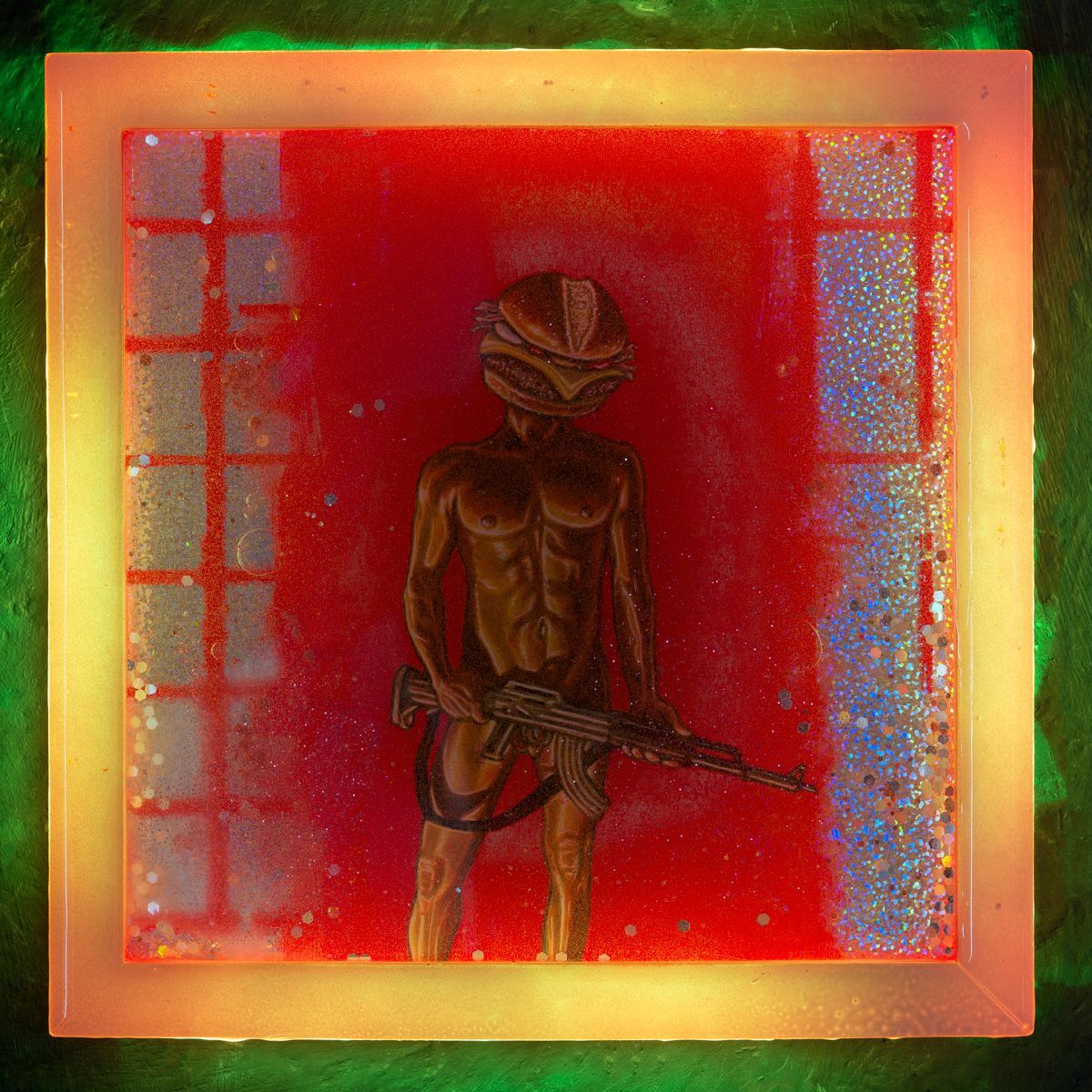 Art by Rich M Stevens. Abstract red-and-gold artwork of a masked figure holding a rifle in a glowing square frame