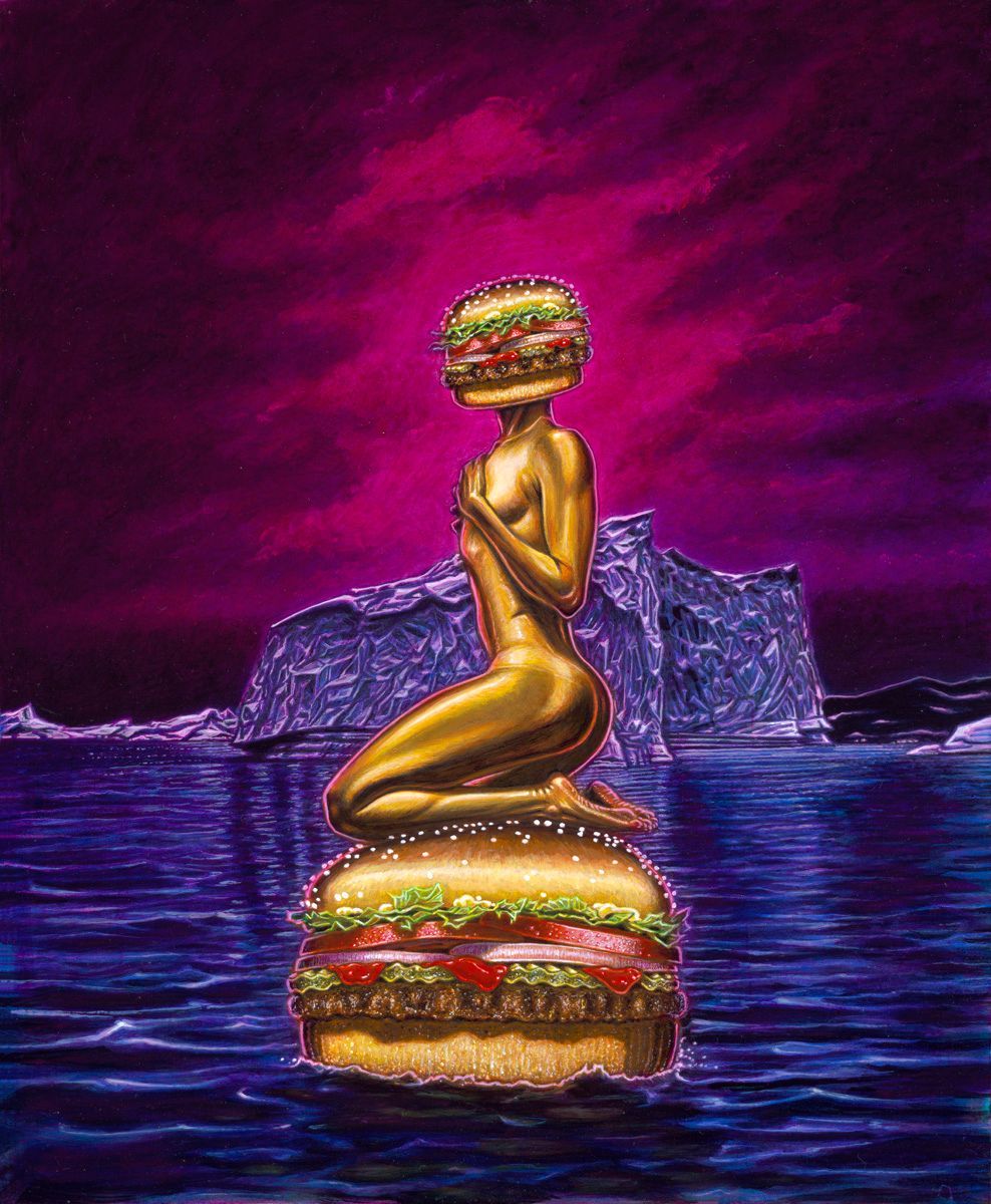 Art by Rich M Stevens. Gold statue of a kneeling figure balanced on a hamburger in purple water beneath a magenta sky