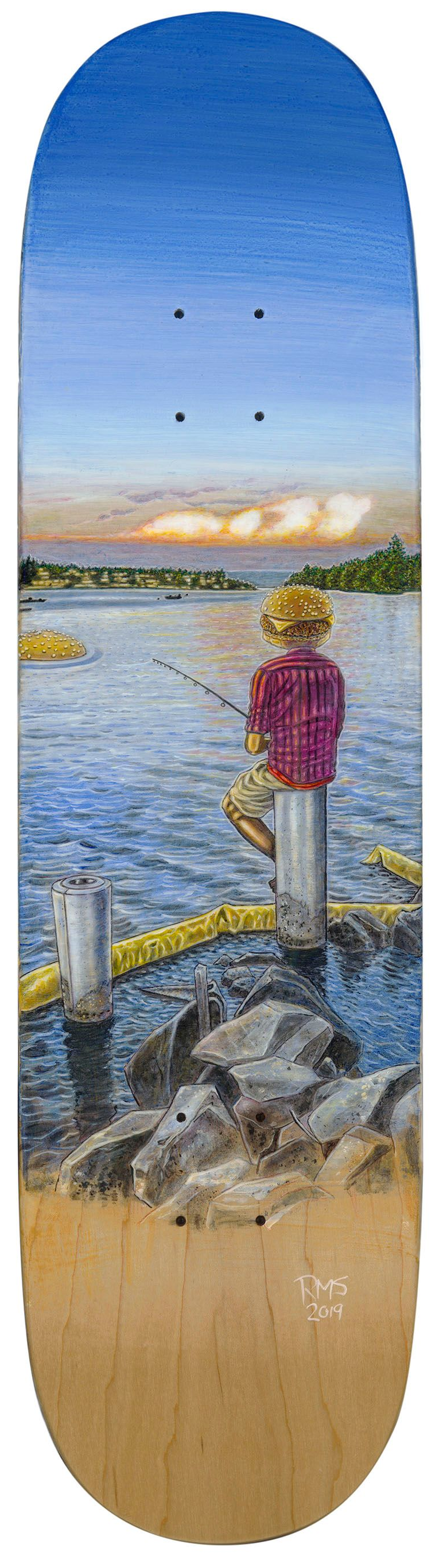 Art by Rich M Stevens. Person in a pink jacket stands on rocks by a lake at sunset, with birds in the sky.