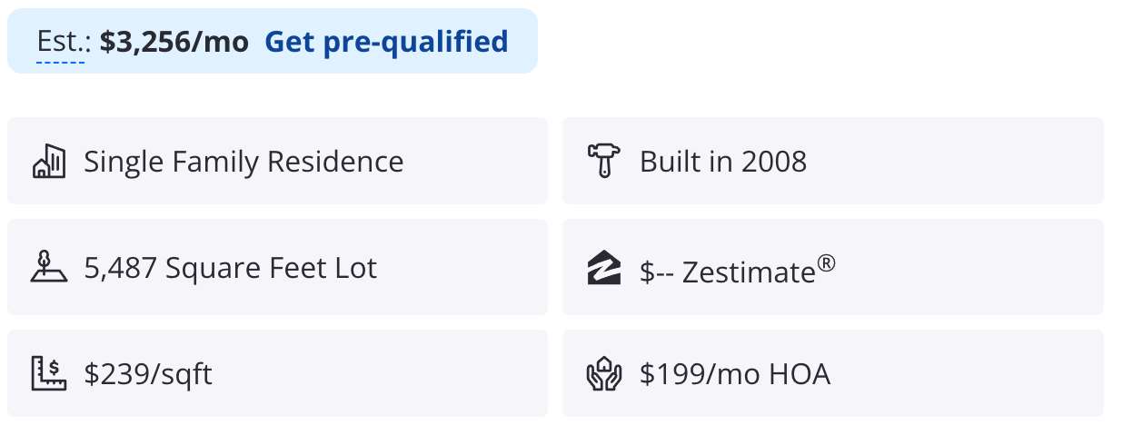 Real estate listing card with $3,256/mo, Get pre-qualified, and home details in a two-column layout