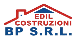 Logo per Edil Costruzioni BP SRL con il tetto rosso della casa sopra il testo blu: 