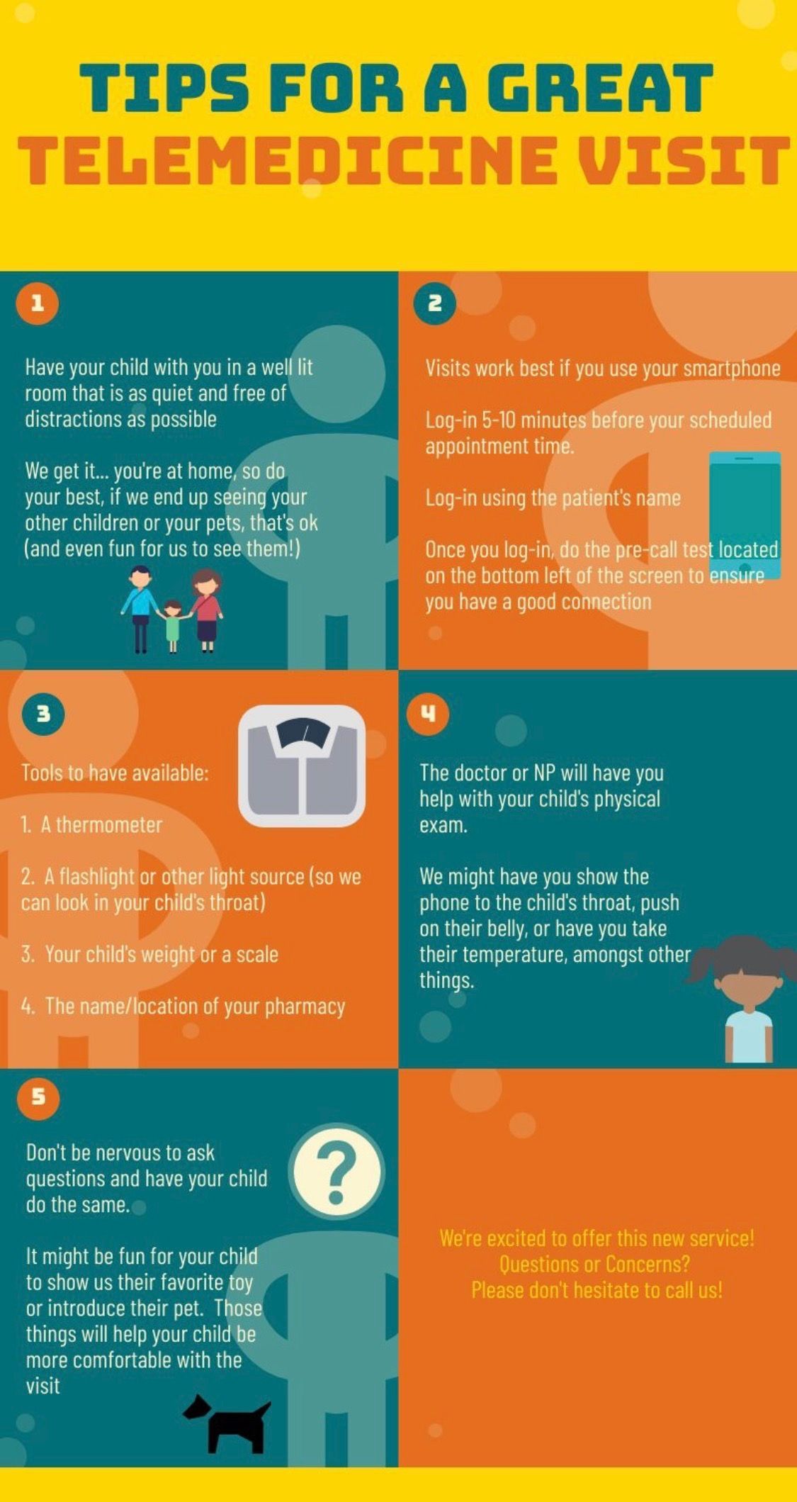 Infographic titled “Tips for a Great Telemedicine Visit” with six colorful panels of telehealth advice.