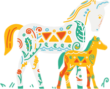 Colorful folk-art horse with floral patterns and a white background