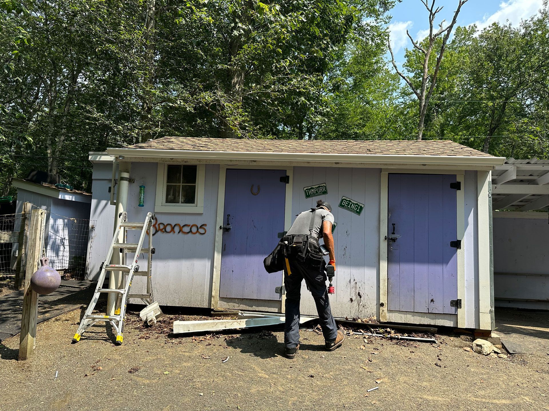 Person using a blower in front of a small white shed with purple doors and a ladder leaning nearby.